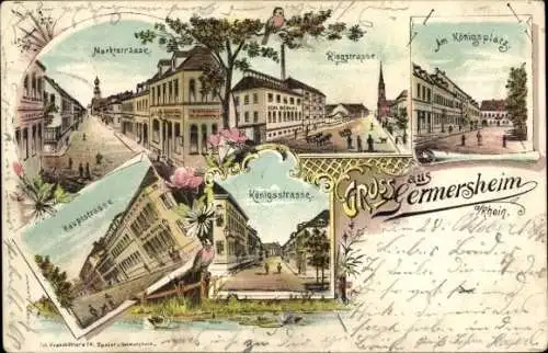 Litho Germersheim am Rhein, Ringstraße, Kirche, Marktstraße, Königsstraße, Hauptstraße