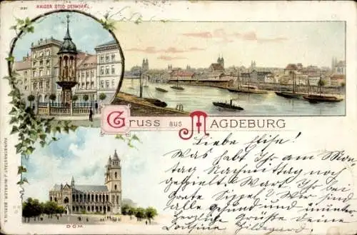 Litho Magdeburg, Gesamtansicht, Dom, Kaiser Otto Denkmal