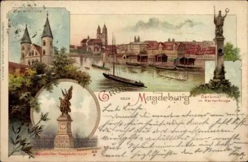 Litho Magdeburg, Marienkirche, Denkmal im Herrenkruge, Neustädter Siegesdenkmal