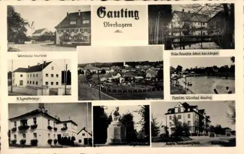 Ak Gauting in Oberbayern, Austria Tabakwarenfabrik, Rathaus, Jugendherberge, Würmbad, Reismühle