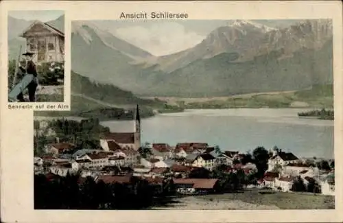 Ak Schliersee in Oberbayern, Gesamtansicht, Sennerin auf der Alm