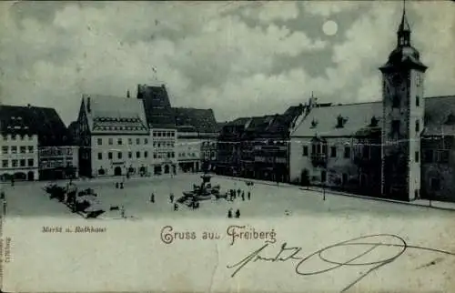 Mondschein Ak Freiberg in Sachsen, Markt, Rathaus