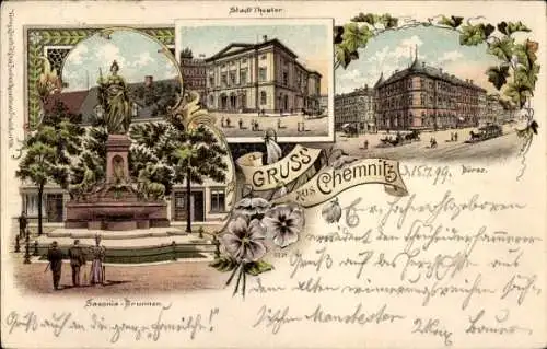 Litho Chemnitz in Sachsen, Saxoniabrunnen, Stadttheater, Börse