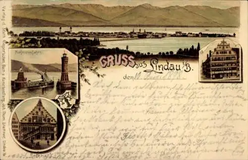 Litho Lindau am Bodensee Schwaben, Hafeneinfahrt, Rathaus