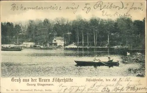 Ak Berlin Zehlendorf, Schlachtensee, Neue Fischerhütte, Ruderboot