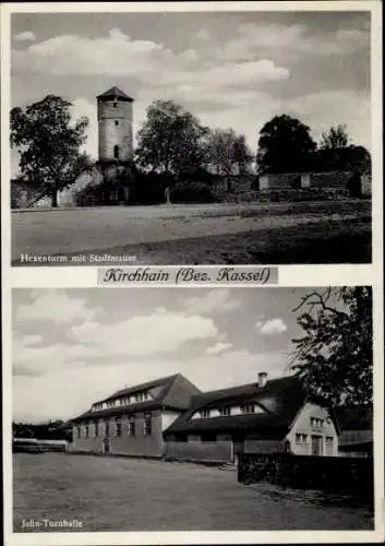 Ak Kirchhain in Hessen, Hexenturm mit Stadtmauer, Jahn-Turnhalle