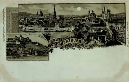 Litho Würzburg am Main Unterfranken, Stadt bei Nacht, Festung