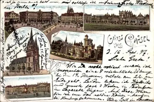 Litho Kassel in Hessen, Orangerie Schloss, Burg, Post, Kirche