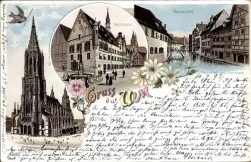 Litho Ulm an der Donau, Münster, Rathaus, Blauansicht