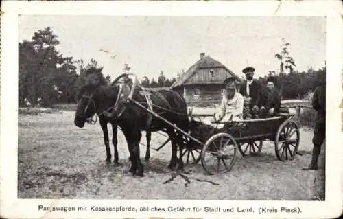 Ak Prypjatsümpfe Rokitnosümpfe Kr. Pinsk Weißrussland, Panjewagen mit Kosakenpferd