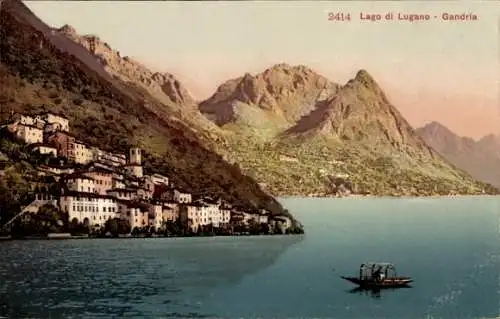 Ak Gandria Lago di Lugano Kt. Tessin Schweiz, Blick zum Ort, Boot