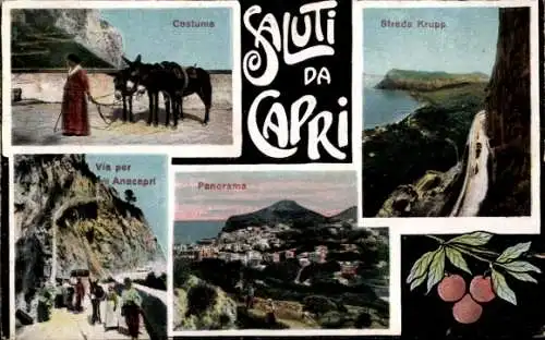 Ak Capri Neapel Campania, Frau mit Eseln, Strada Krupp, Panorama, Via per Anacapri