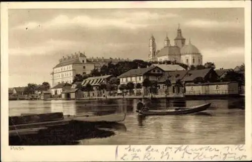 Ak Pinsk Weißrussland, Fluss, Ruderboot, Kirche