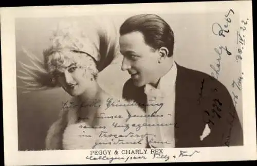 Ak Schauspielerin Peggy, Schauspieler Charly Rex, Portrait, Autogramm, Kopfschmuck