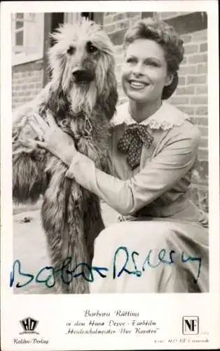 Ak Schauspielerin Barbara Rütting, Portrait mit Hund, Autogramm, Heideschulmeister Uwe Karsten