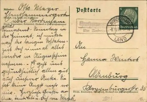 Landpoststempel Esenshammergroden Nordenham, auf Ganzsache 08.11.1938
