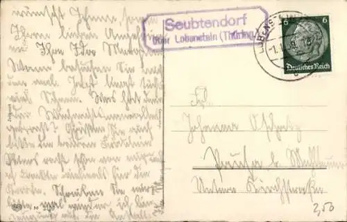 Landpoststempel Seubtendorf Tanna über Lobenstein, 01.01.1939 auf Ansichtskarte Neujahr