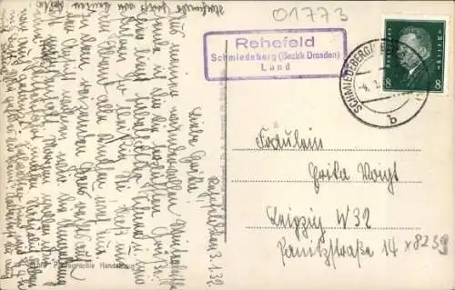 Landpoststempel Rehefeld  Schmiedeberg (Bezirk Dresden) Land, 04.01.1932, Ansichtskarte Rehefeld