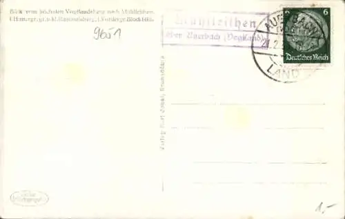 Landpoststempel Mühlleithen über Auerbach (Vogtland), 21.02.1936, Ansichtskarte Kammweg
