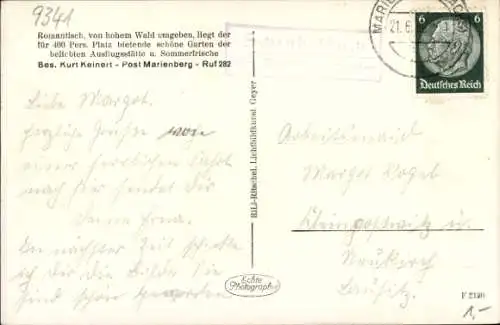 Landpoststempel Schindelbach über Marienberg, Schindelbachmühle Ansichtskarte, 21.06.1938