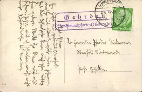 Landpoststempel Gehrden über Himmelpforden (Niederelbe), 08.04.1939, Ansichtskarte Osterfest