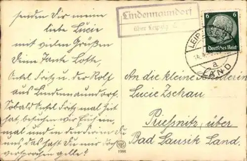 Landpoststempel Lindennaundorf über Leipzig, 14.04.1935, Ansichtskarte erster Schulgang