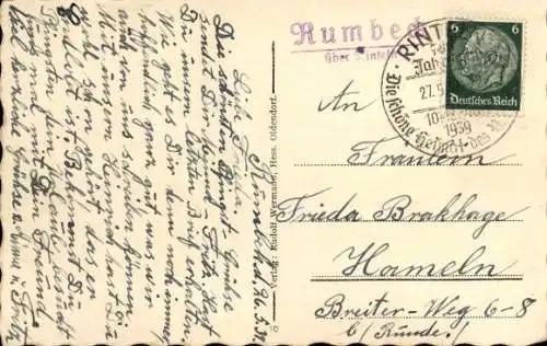 Landpoststempel Rumbeck über Rinteln, 27.05.1939, Ansichtskarte Hohenstein bei Hessisch Oldendorf