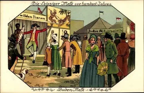 Künstler Ak Leipzig in Sachsen, Leipziger Messe vor hundert Jahren, Budenmesse, Nr. 9368