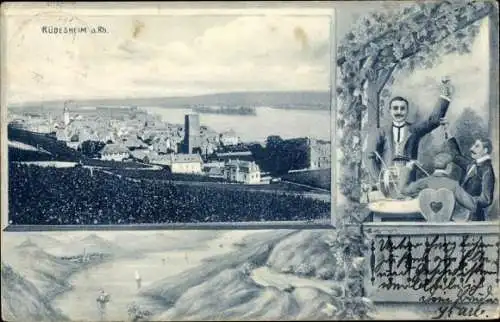 Passepartout Litho Rüdesheim am Rhein, Panorama, musizierende und trinkende Männer