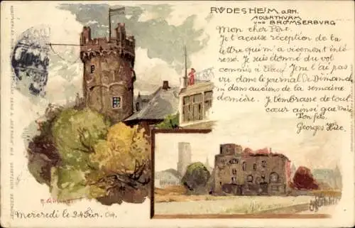 Künstler Litho Wielandt, M., Rüdesheim Rhein, Adlerturm, Brömserburg