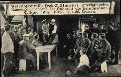 Ak Kriegsfreiwilliger Fred Elmann unterhält Kameraden als Bauchredner, 1914-16, 12/L. 68 Westen