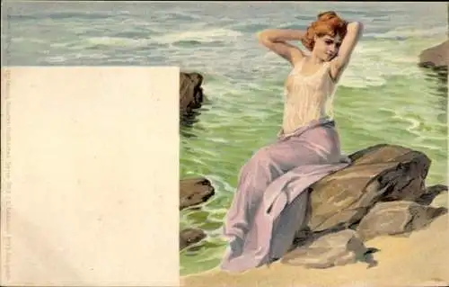 Litho Frau am Strand, Pose, Portrait, Felsen