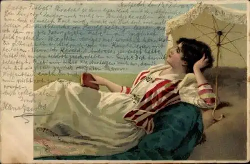 Litho Frau am Strand liegend, Sonnenschirm