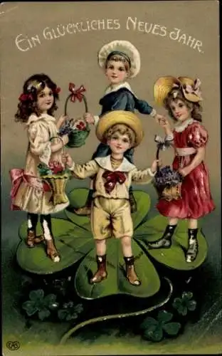 Präge Ak Glückwunsch Neujahr, Kinder mit Blumenkörben, Kleeblätter