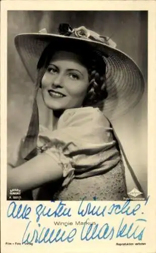 Ak Schauspielerin Winnie Markus, Portrait mit Sonnenhut, Wien Film, Autogramm