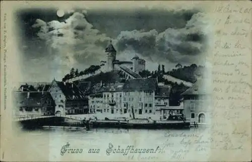 Mondschein Ak Schaffhausen am Rhein Schweiz, Hafen, Brücke, Dampfer