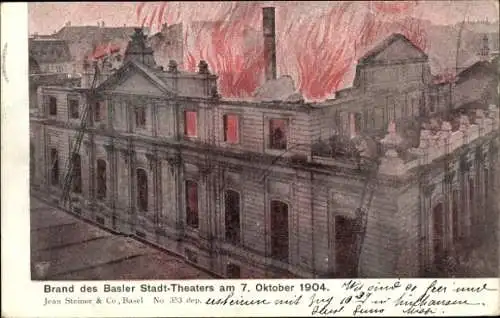 Litho Basel Bâle Stadt Schweiz, Brand des Stadttheaters, 1904