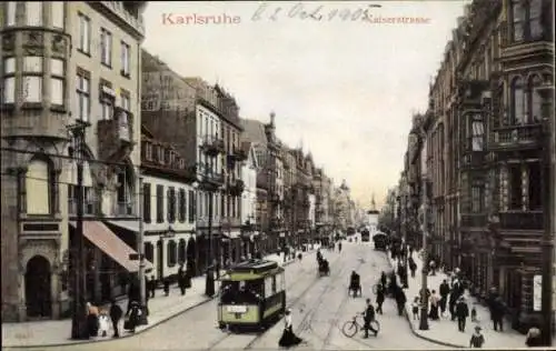 Ak Karlsruhe in Baden, Kaiserstraße, Straßenbahn Nr. 21