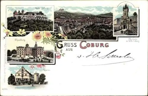 Litho Coburg in Oberfranken, Ehrenburg, Rosenau, Torturm