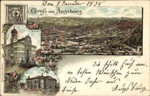 Litho Augsburg in Schwaben, Rathaus, Neues Theater, Panorama