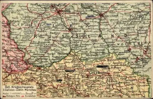 Landkarten Ak Warszawa Warschau Polen, Östlicher Kriegsschauplatz, Galizien-Lublin-Warschau