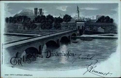 Mondschein Litho Thionville Diedenhofen Lothringen Moselle, Fluss, Brücke