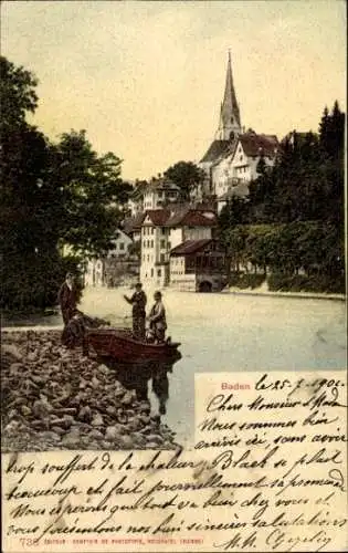Ak Baden Kanton Aargau Schweiz, Flusspartie, Ruderboot
