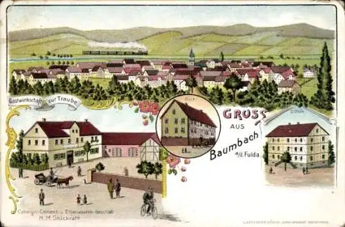 Litho Baumbach an der Fulda Alheim Hessen, Kolonialwarenhandlung, Schule, Gasthaus zur Traube