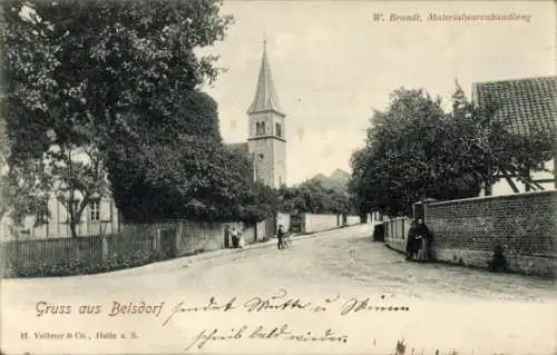 Ak Belsdorf Wefensleben in Sachsen Anhalt, Materialwarenhandlung, Kirche