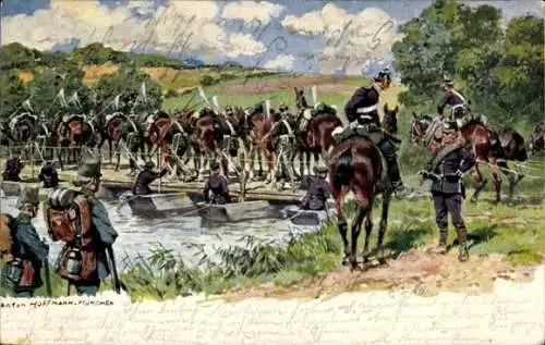 Künstler Ak Hoffmann, Anton, Deutsche Soldaten, Pferde, Schiffbrücke