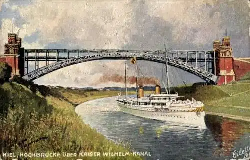 Künstler Ak Holtenau Kiel, Hochbrücke über Kaiser Wilhelm-Kanal, Dampfer