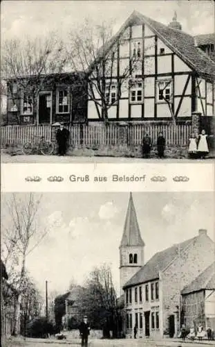 Ak Belsdorf Wefensleben in Sachsen Anhalt, Kirche, Fachwerkhaus