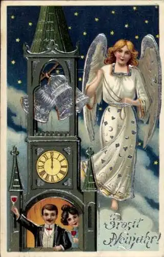 Präge Litho Glückwunsch Neujahr, Engel, Glocken, Paar am Fenster, Turmuhr