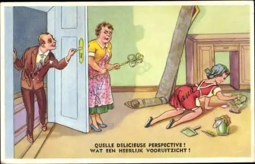 Künstler Ak Scheuermann, Willi, Mann schaut Putzfrau auf den Po, Ehefrau mit Teppichklopfer